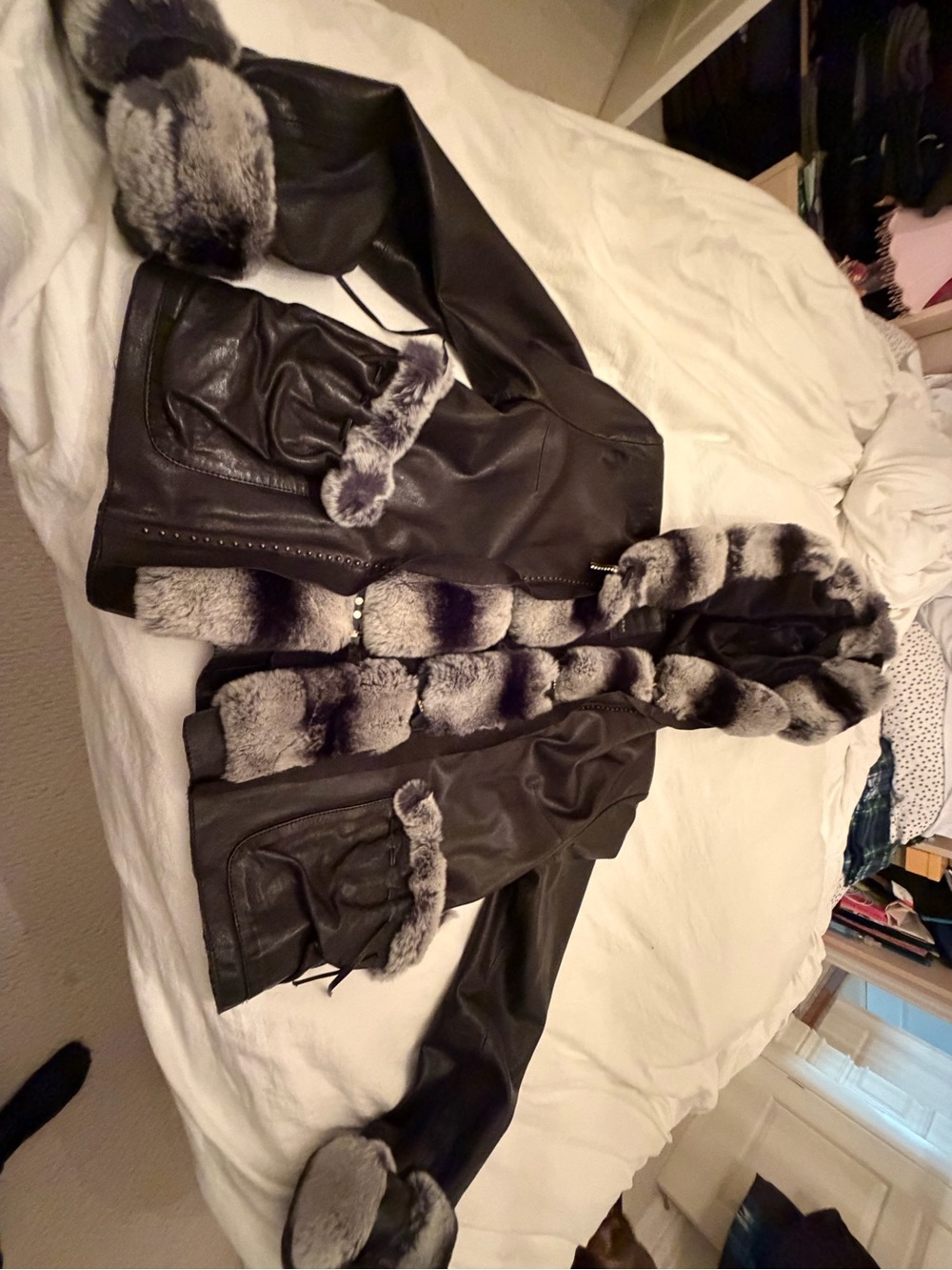 Black Leather Jacket with Gray Faux Fur Trim - Women's Coat Rex rabbit